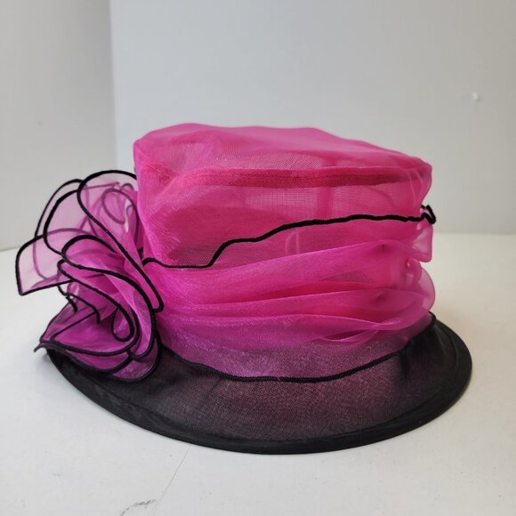 Pink and Black Ruffles Organza Packable Adjustable Dress Hat - Picture 9 of 16